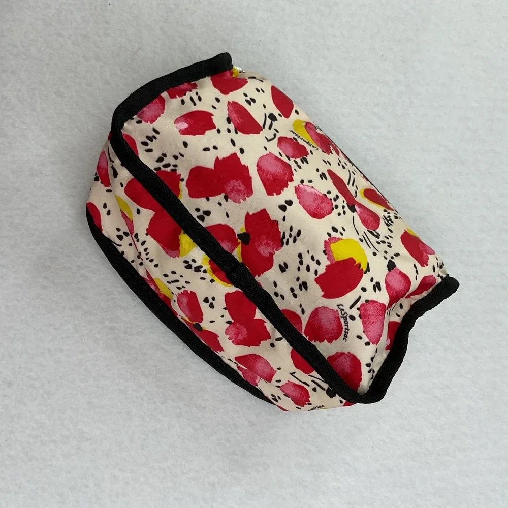 LeSportsac Floral Poppy Print 3-Zip Cosmetic Bag Travel Pouch Red Yellow Cream